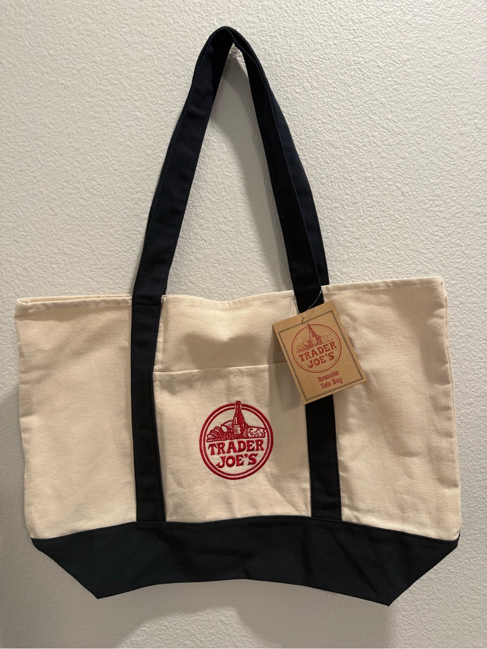 Trader Joe's Canvas Tote Bag in Cream and blue